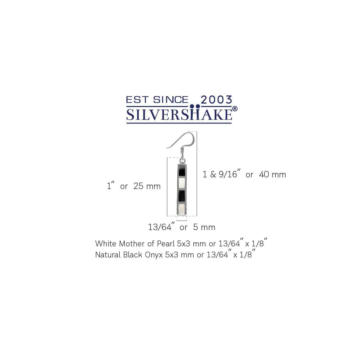 White Mother of Pearl and Created Black Onyx Inlay 925 Sterling Silver Long Stick Dangle Hook Earrings - Silvershake-store