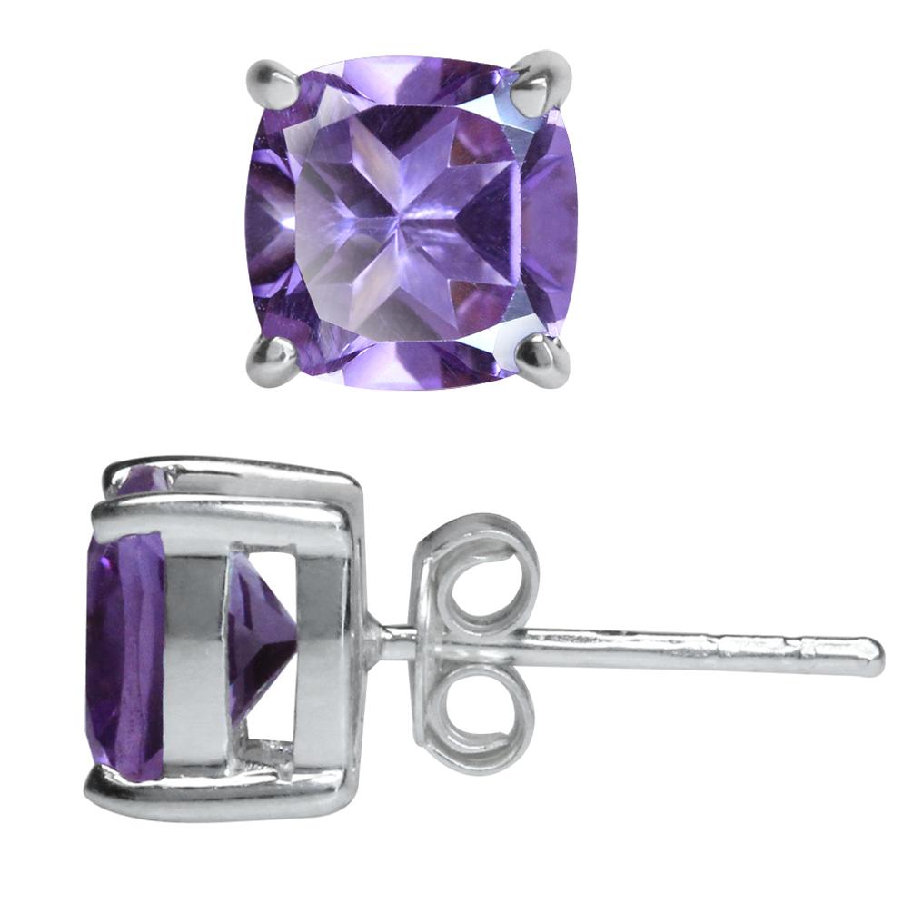 2.56ct. 7mm Natural Cushion Shape Amethyst 925 Sterling Silver Stud Earrings - Silvershake-store