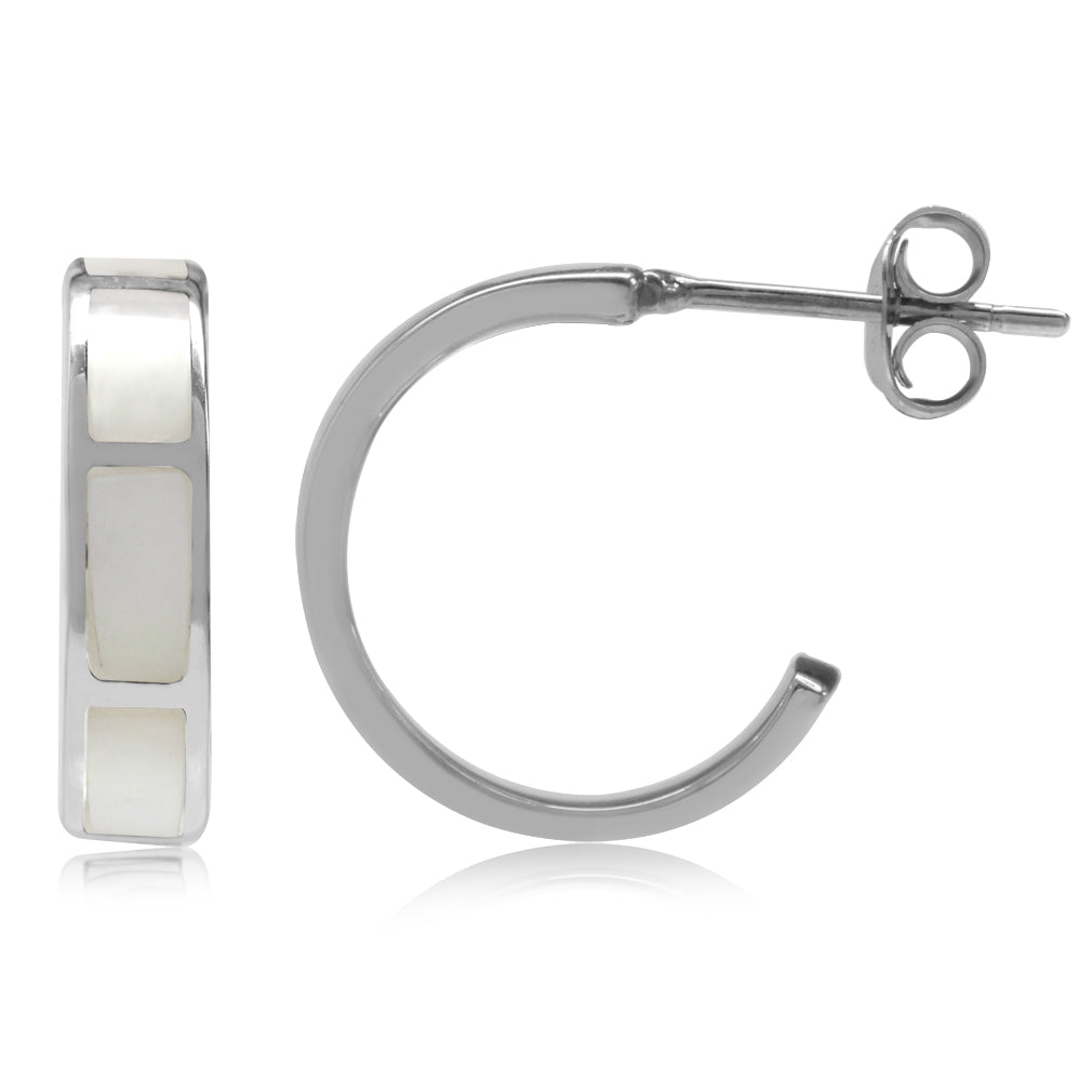Mother of Pearl Inlay White Gold Plated 925 Sterling Silver C Hoop Earrings - Silvershake-store