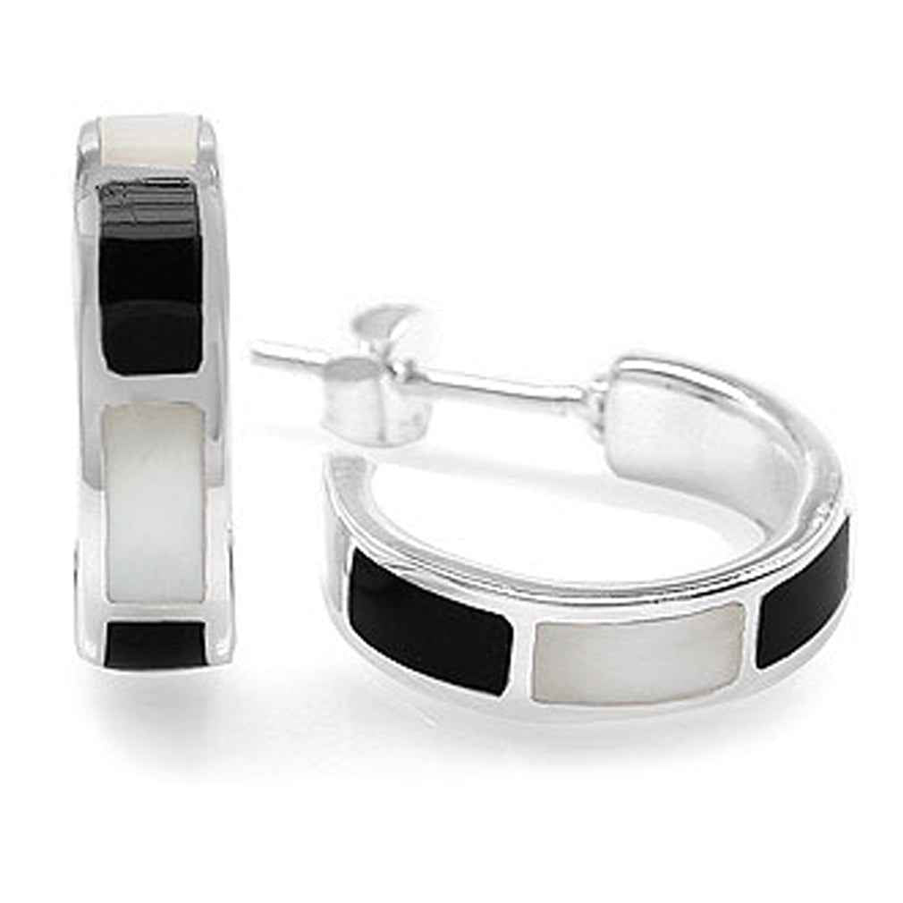 White Mother of Pearl and Created Black Onyx Inlay 925 Sterling Silver C Hoop Earrings - Silvershake-store