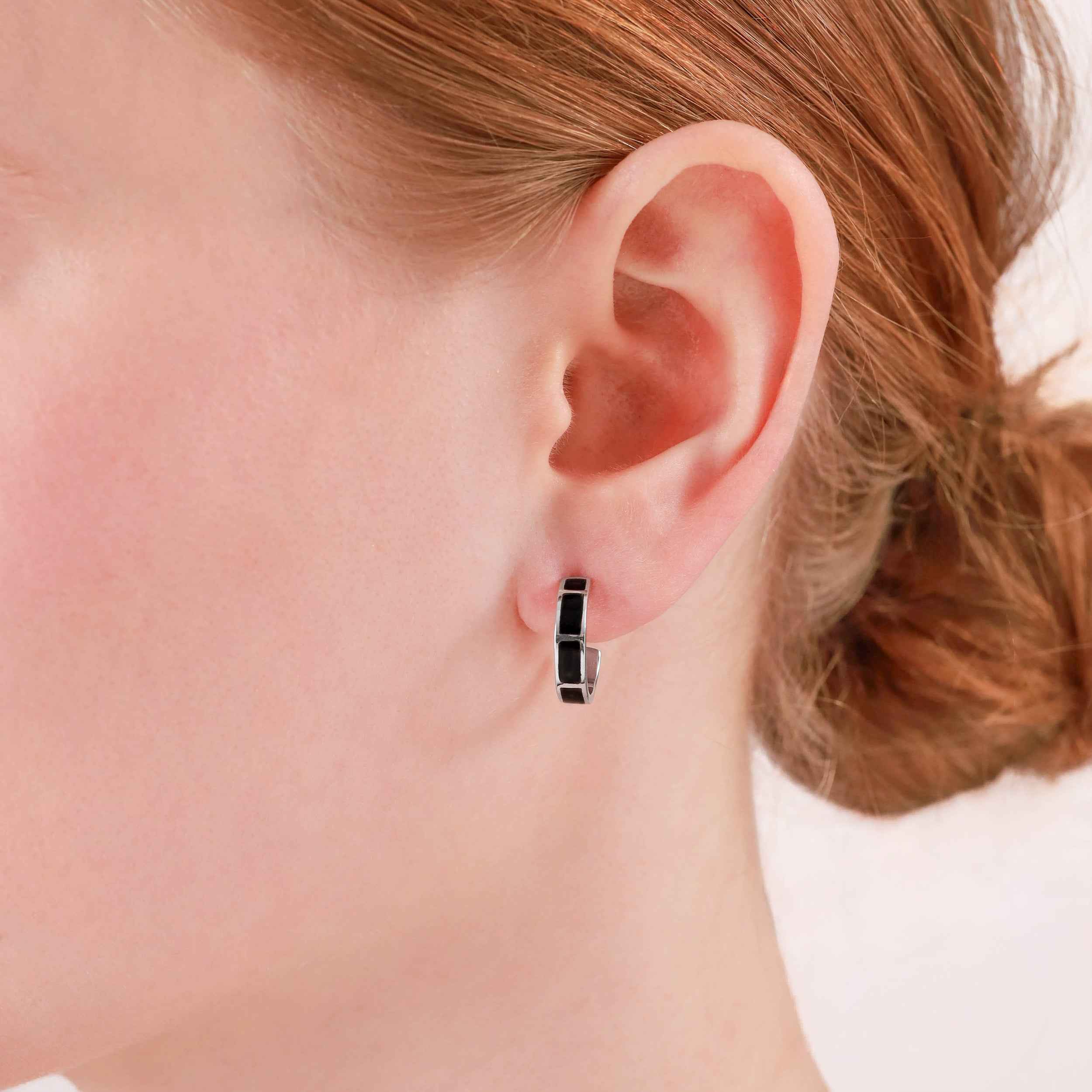 White Mother of Pearl and Created Black Onyx Inlay 925 Sterling Silver C Hoop Earrings - Silvershake-store