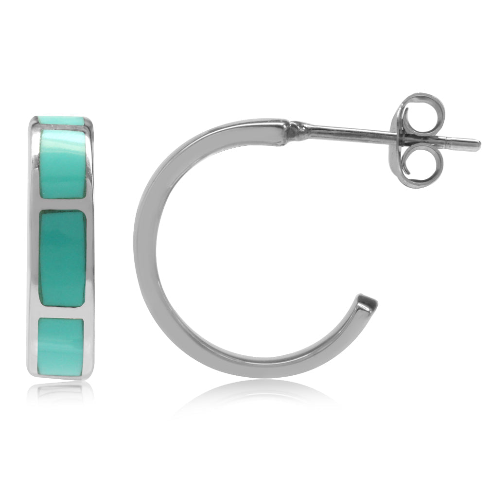 Created Green Turquoise Inlay White Gold Plated 925 Sterling Silver C Hoop Earrings - Silvershake-store