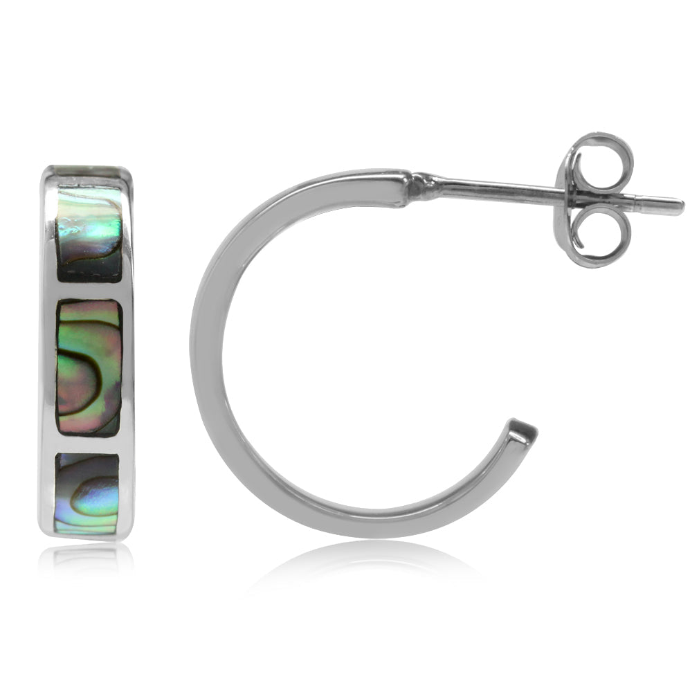 Abalone Paua Shell Inlay White Gold Plated 925 Sterling Silver C Hoop Earrings - Silvershake-store