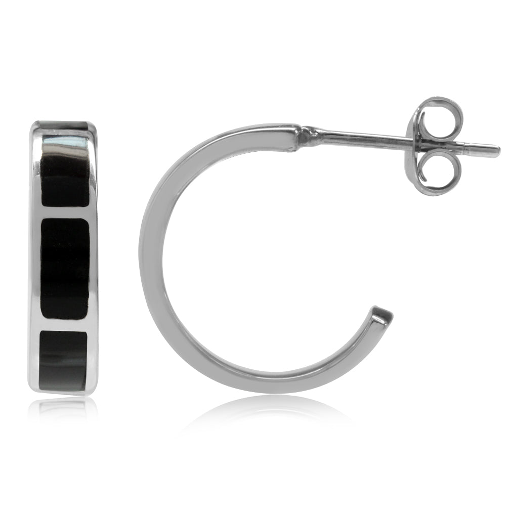 Created Black Onyx Inlay White Gold Plated 925 Sterling Silver C Hoop Earrings - Silvershake-store