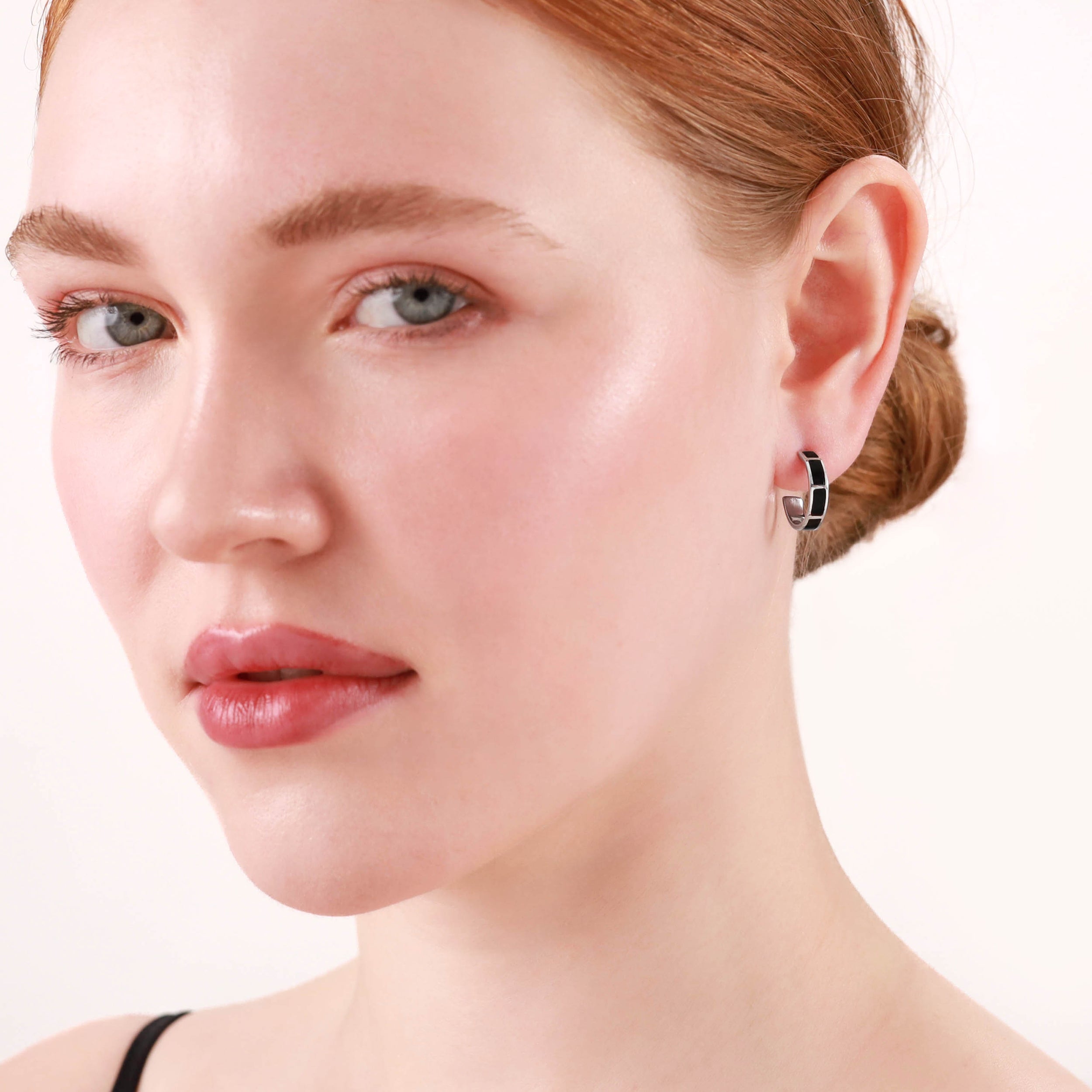 Created Black Onyx Inlay White Gold Plated 925 Sterling Silver C Hoop Earrings - Silvershake-store