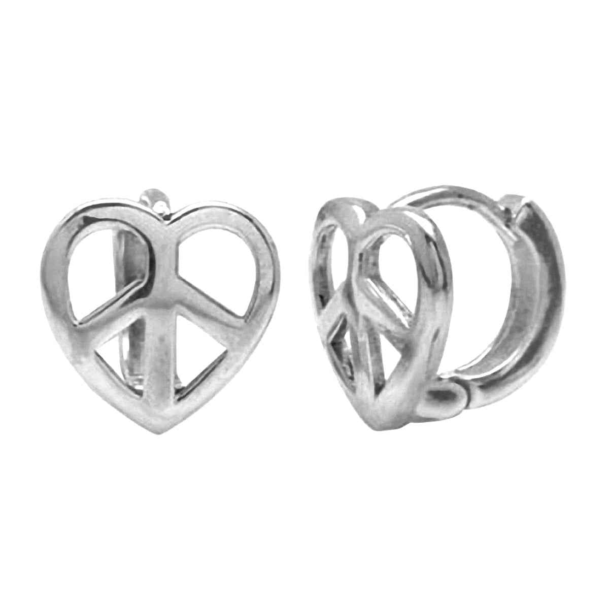 Peace Sign 925 Sterling Silver Heart Huggie Earrings
