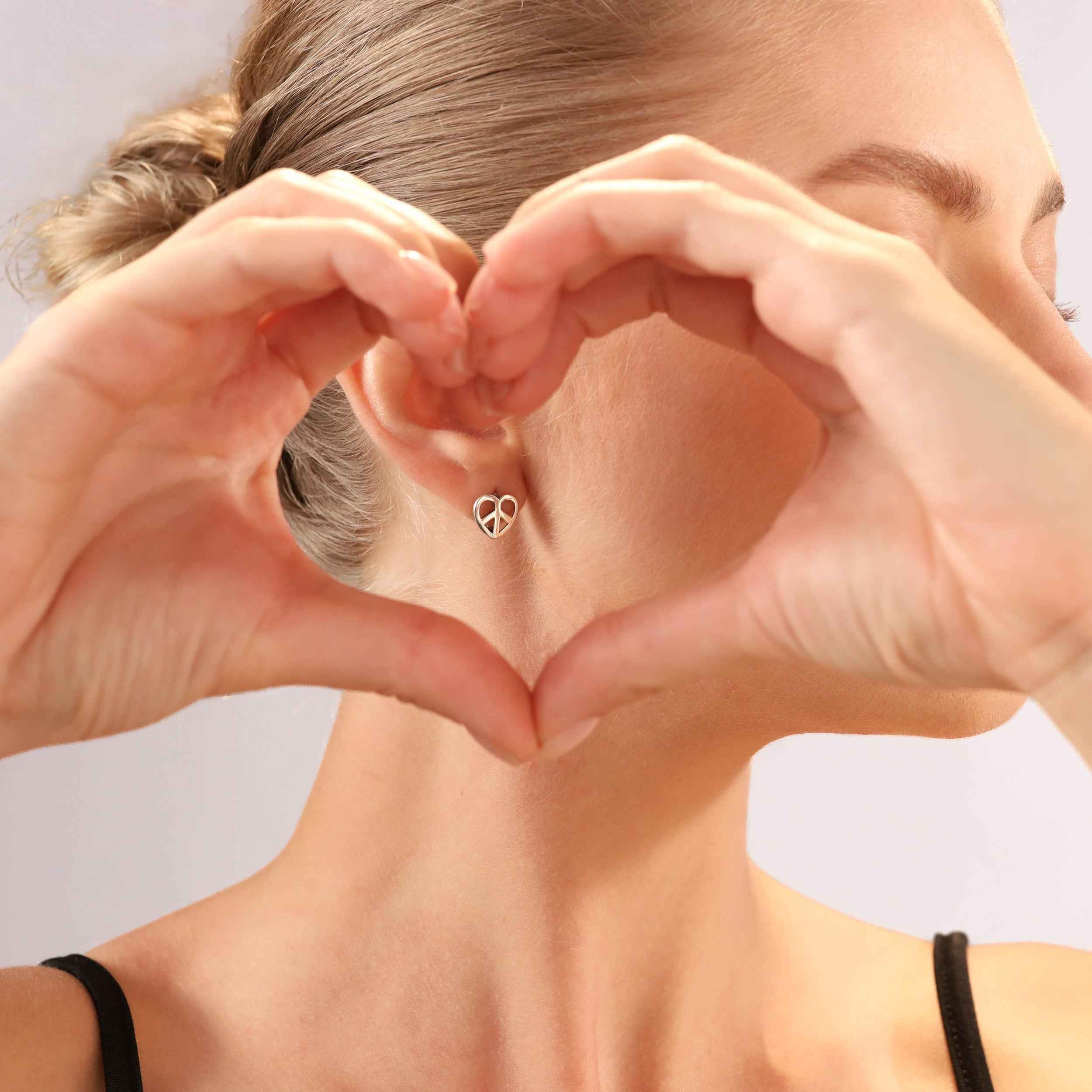Peace Sign 925 Sterling Silver Heart Huggie Earrings