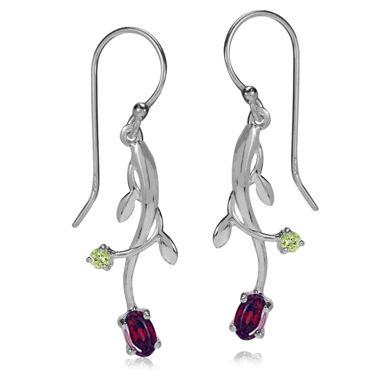 Petite Natural Garnet and Peridot 925 Sterling Silver Vine Leaf Dangle Hook Earrings