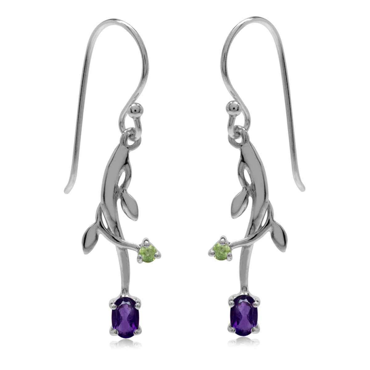 Petite Natural African Amethyst and Peridot 925 Sterling Silver Vine Leaf Dangle Hook Earrings
