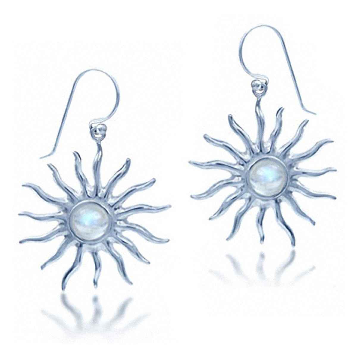 Natural Moonstone 925 Sterling Silver Sun Ray Inspired Dangle Hook Earrings
