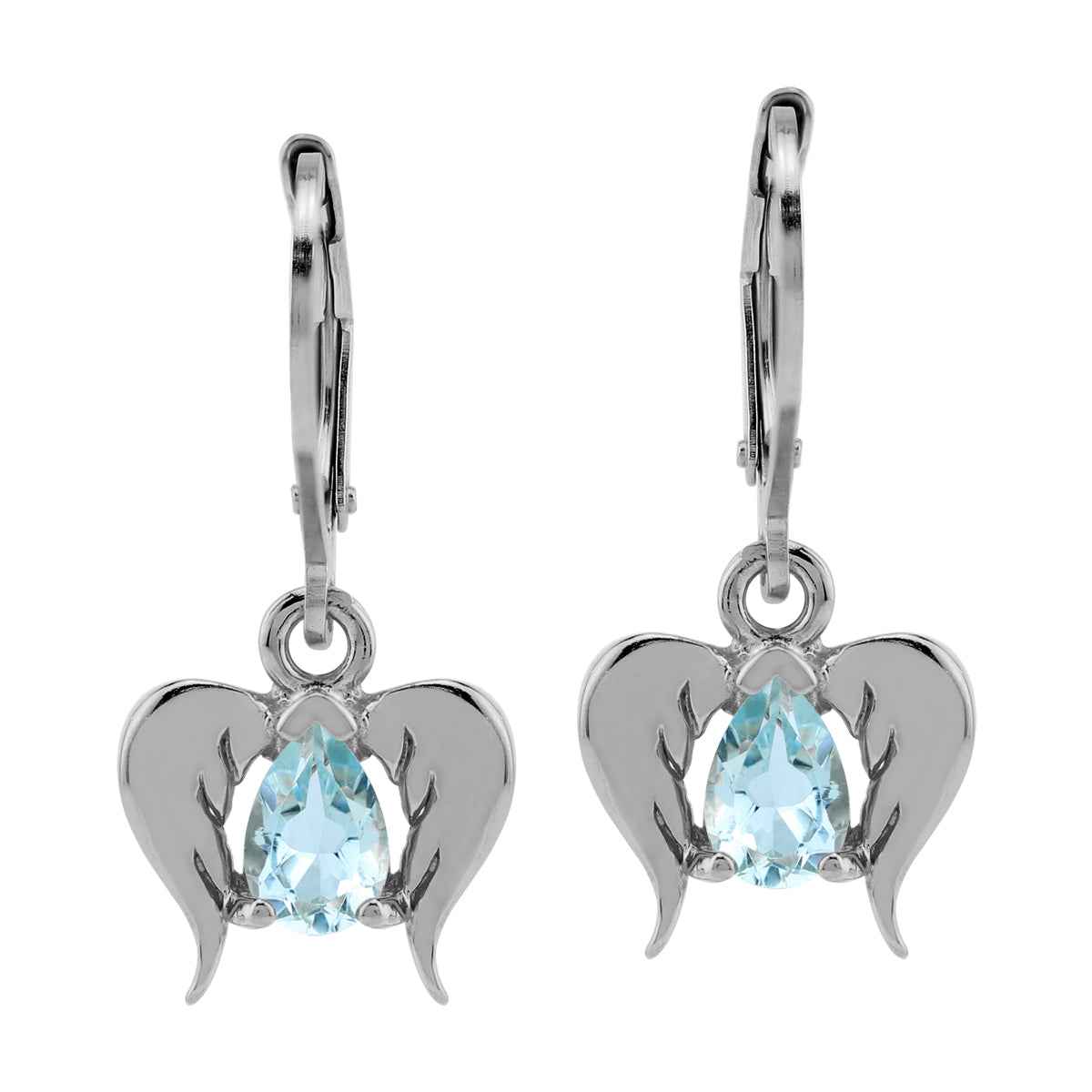 Genuine Blue Topaz 925 Sterling Silver Angel Wings Dangle Leverback Earrings