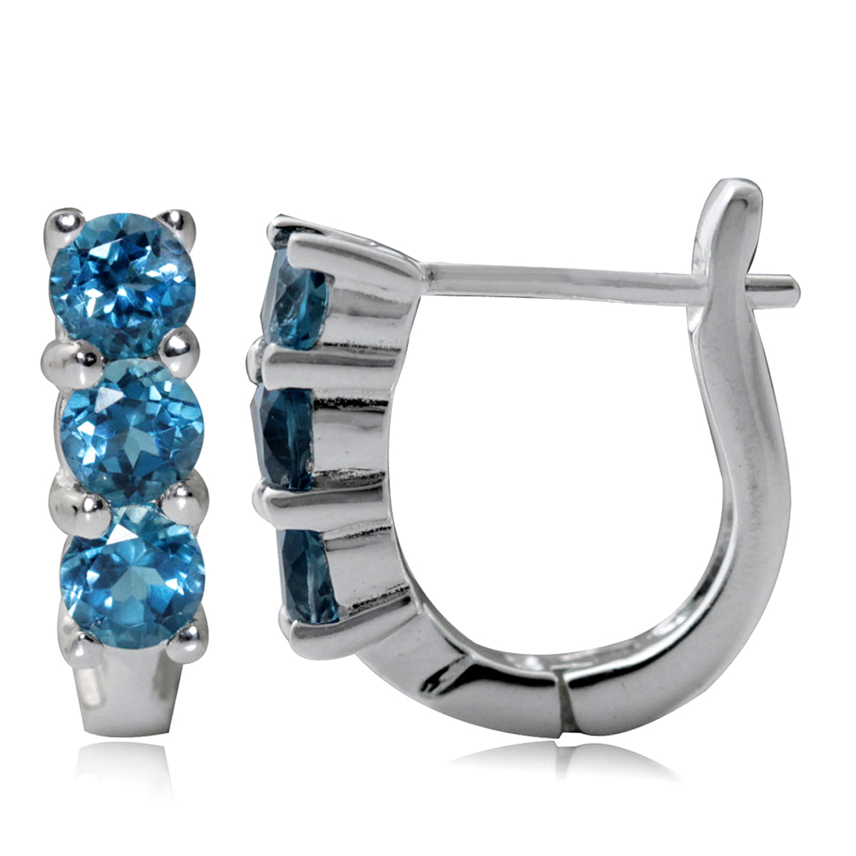 3 Stone Genuine London Blue Topaz White Gold Plated 925 Sterling Silver English Huggie Hoop Earrings - Silvershake-store