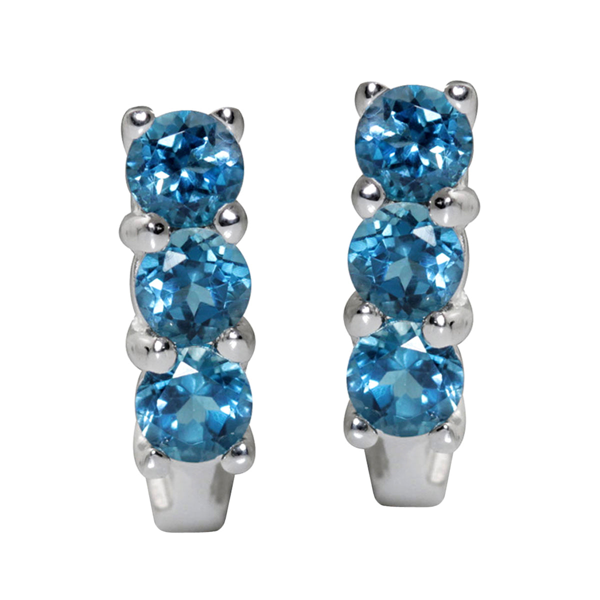 3 Stone Genuine London Blue Topaz White Gold Plated 925 Sterling Silver English Huggie Hoop Earrings - Silvershake-store