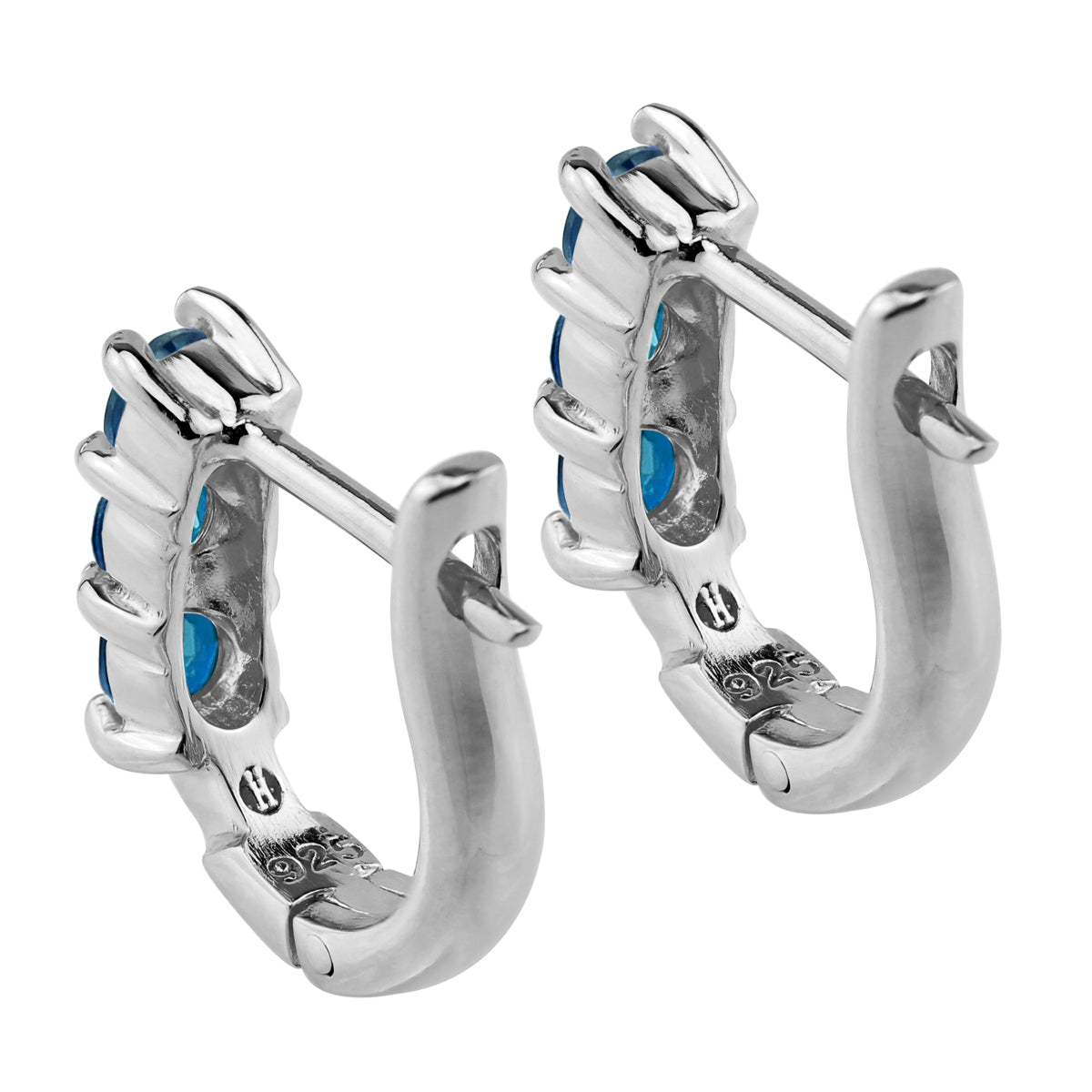 3 Stone Genuine London Blue Topaz White Gold Plated 925 Sterling Silver English Huggie Hoop Earrings - Silvershake-store