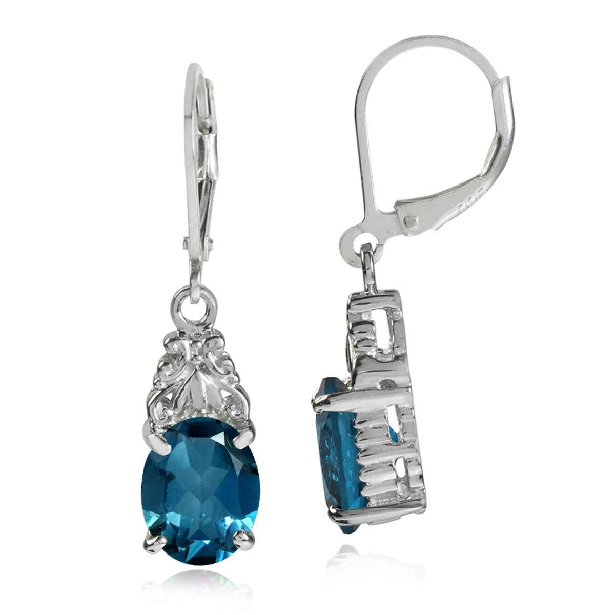 6.54ct. Genuine London Blue Topaz White Gold Plated 925 Sterling Silver Leverback Earrings
