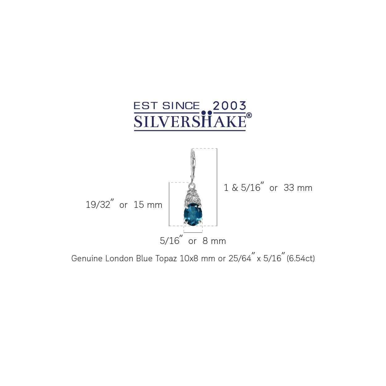 6.54ct. Genuine London Blue Topaz White Gold Plated 925 Sterling Silver Leverback Earrings