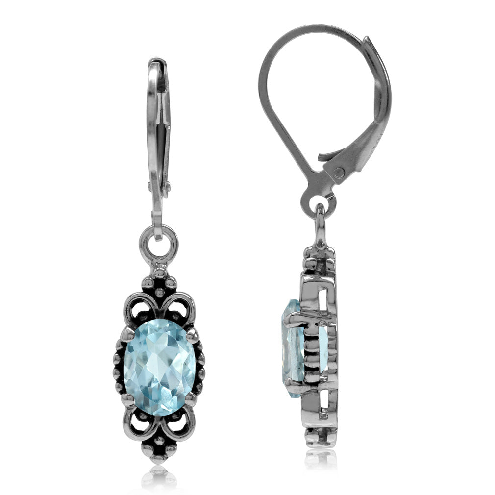 2.74ct. Genuine Blue Topaz 925 Sterling Silver Balinese Style Leverback Dangle Earrings - Silvershake-store