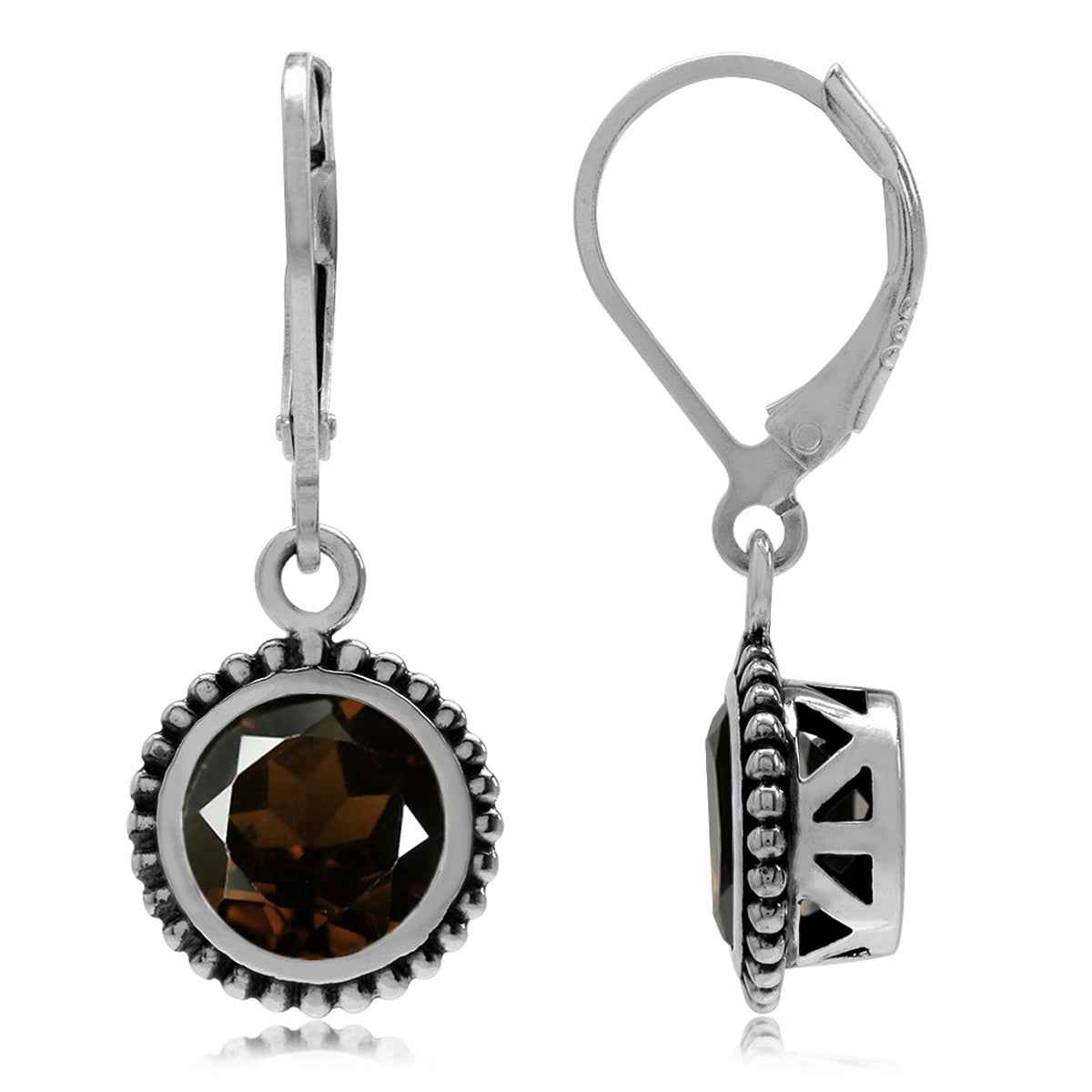 3.94ct. Natural Round Shape Smoky Quartz 925 Sterling Silver Balinese Style Leverback Earrings