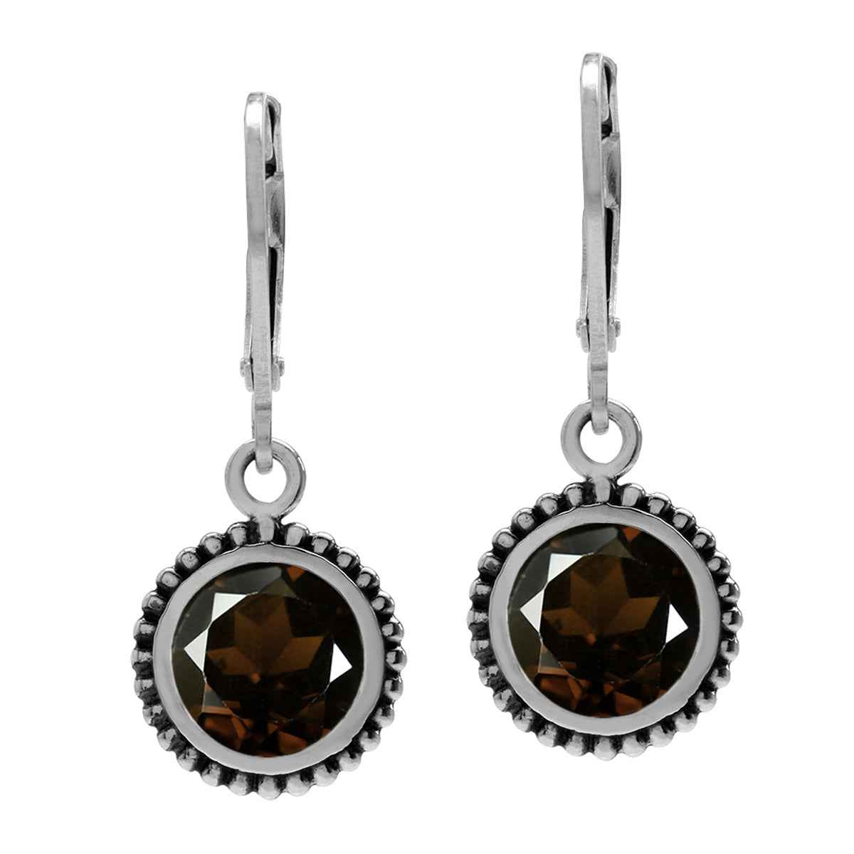3.94ct. Natural Round Shape Smoky Quartz 925 Sterling Silver Balinese Style Leverback Earrings