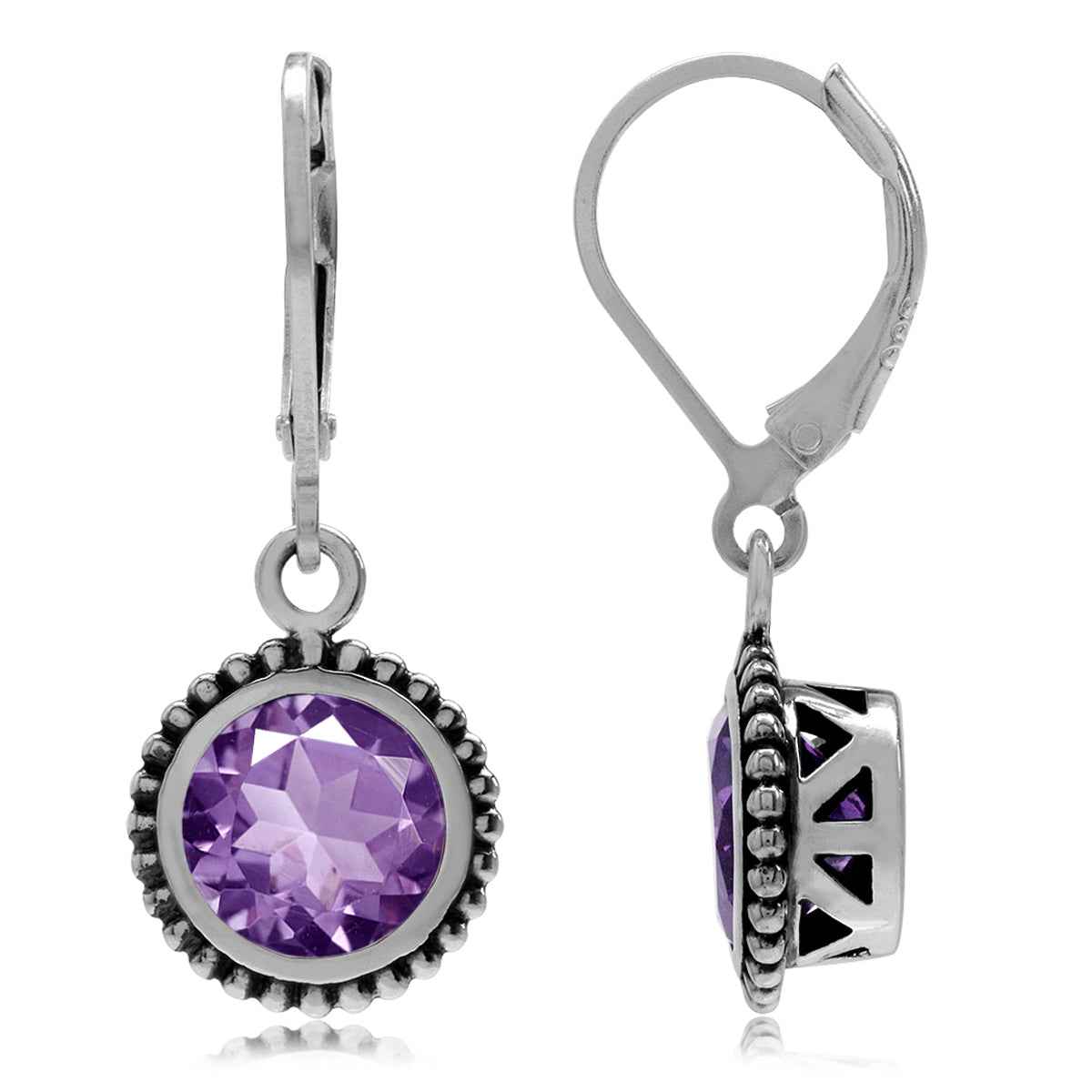 3.24ct. Natural Amethyst 925 Sterling Silver Balinese Style Leverback Dangle Earrings