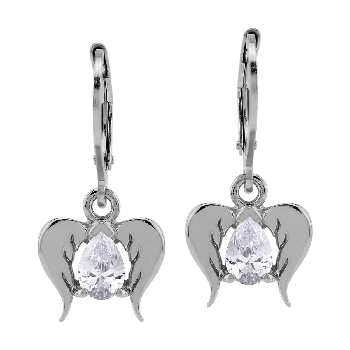 White Cubic Zirconia 925 Sterling Silver Angel Wings Dangle Leverback Earrings