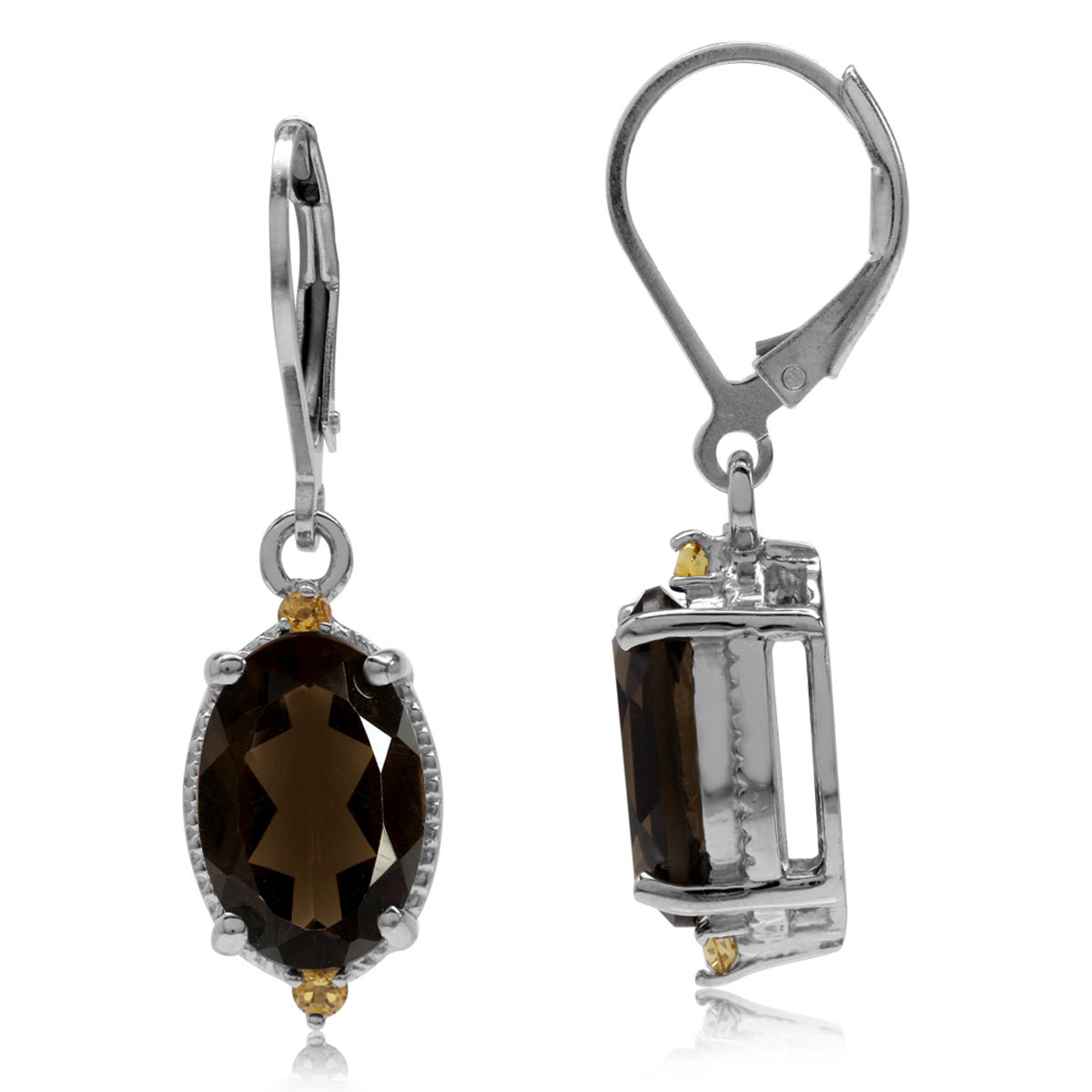 5.44ct. Natural Smoky Quartz and Citrine White Gold Plated 925 Sterling Silver Leverback Earrings