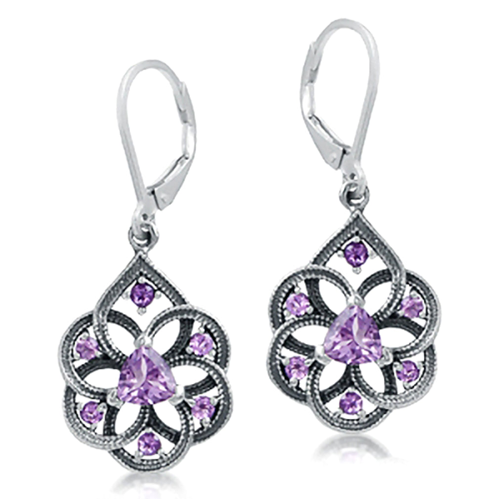 Natural Amethyst 925 Sterling Silver Filigree Dangle Drop Leverback Earrings - Silvershake-store