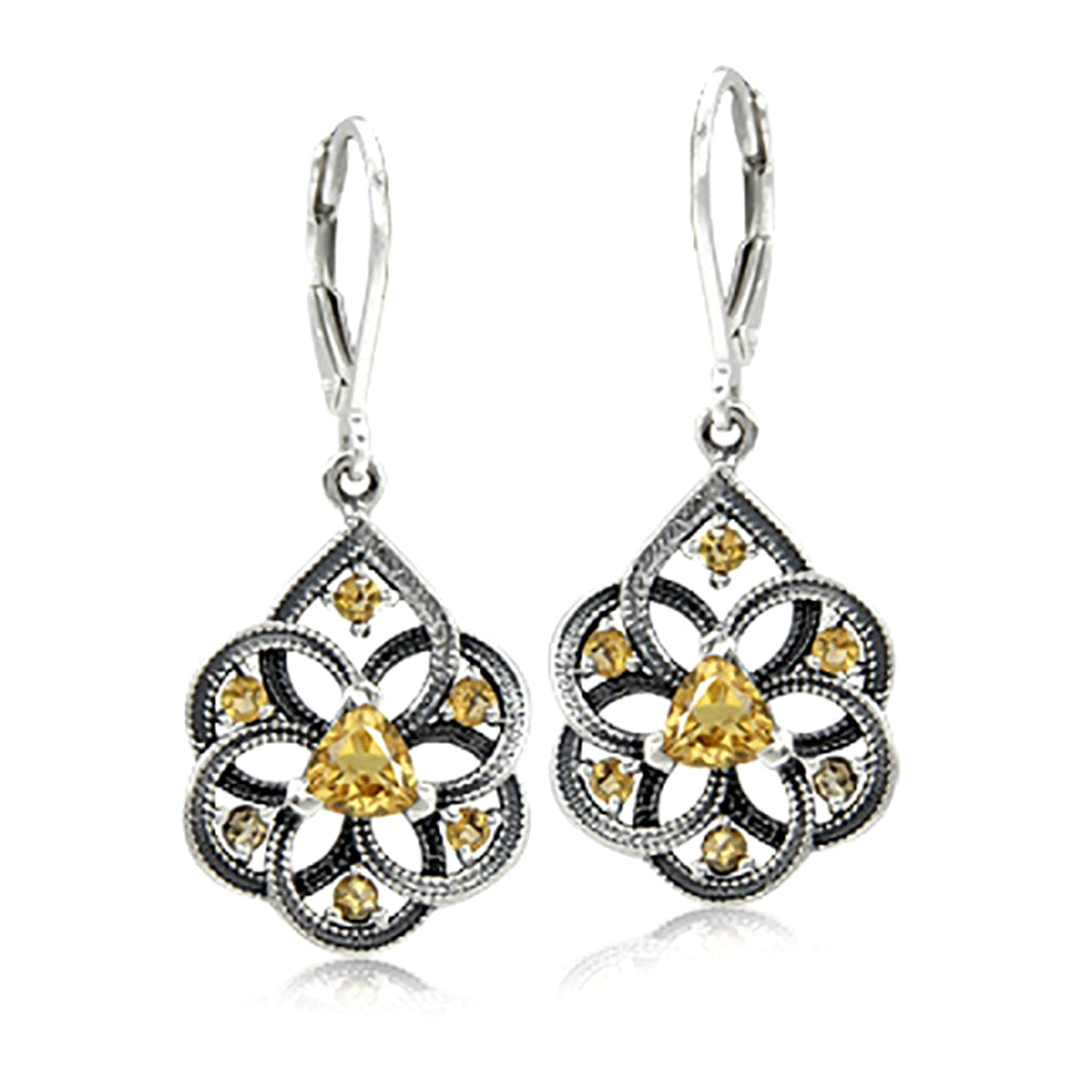 Natural Citrine 925 Sterling Silver Filigree Dangle Drop Leverback Earrings - Silvershake-store