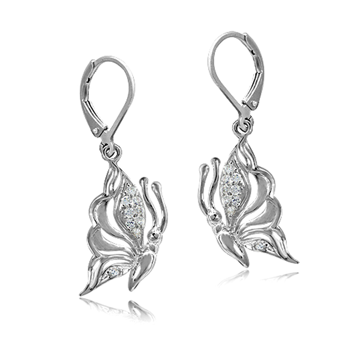 Cubic Zirconia White Gold Plated 925 Sterling Silver Butterfly Dangle Leverback Earrings