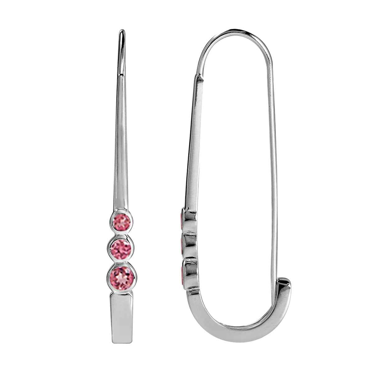 3 Stone Natural Pink Tourmaline 925 Sterling Silver J Hoop Earrings