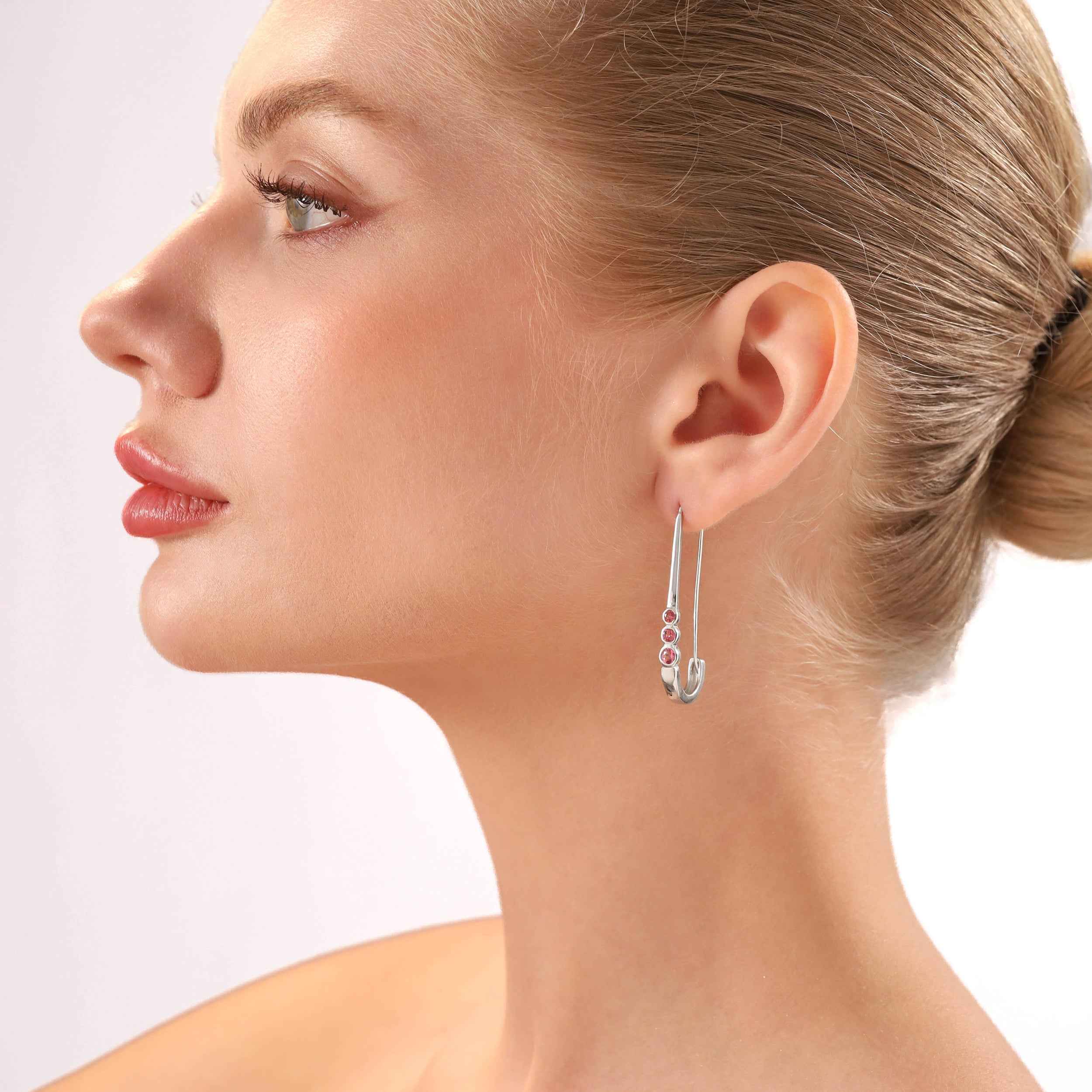 3 Stone Natural Pink Tourmaline 925 Sterling Silver J Hoop Earrings