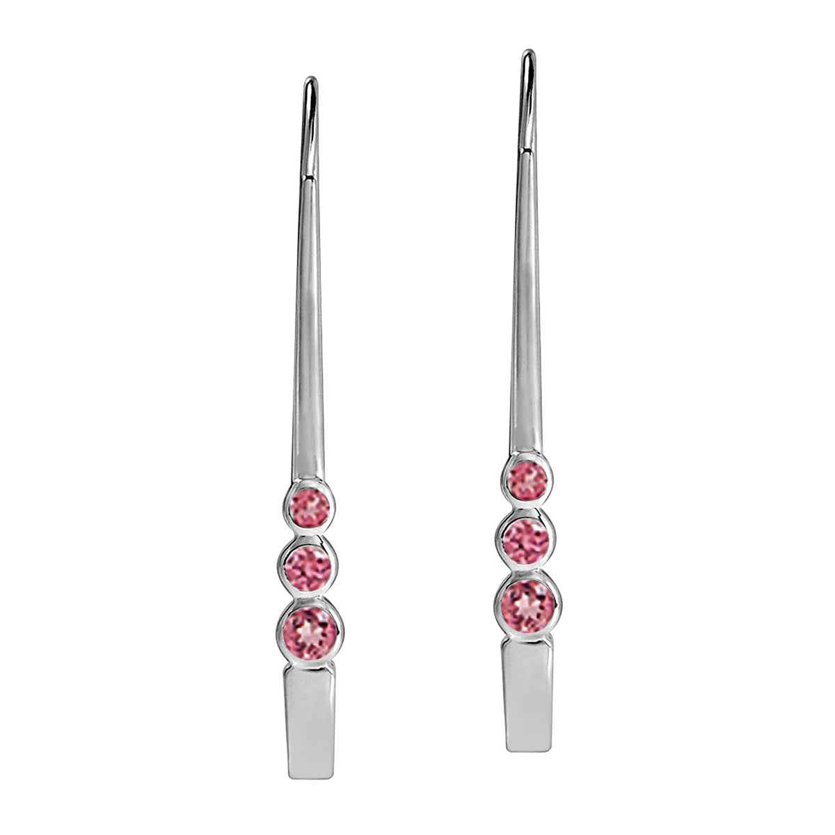 3 Stone Natural Pink Tourmaline 925 Sterling Silver J Hoop Earrings