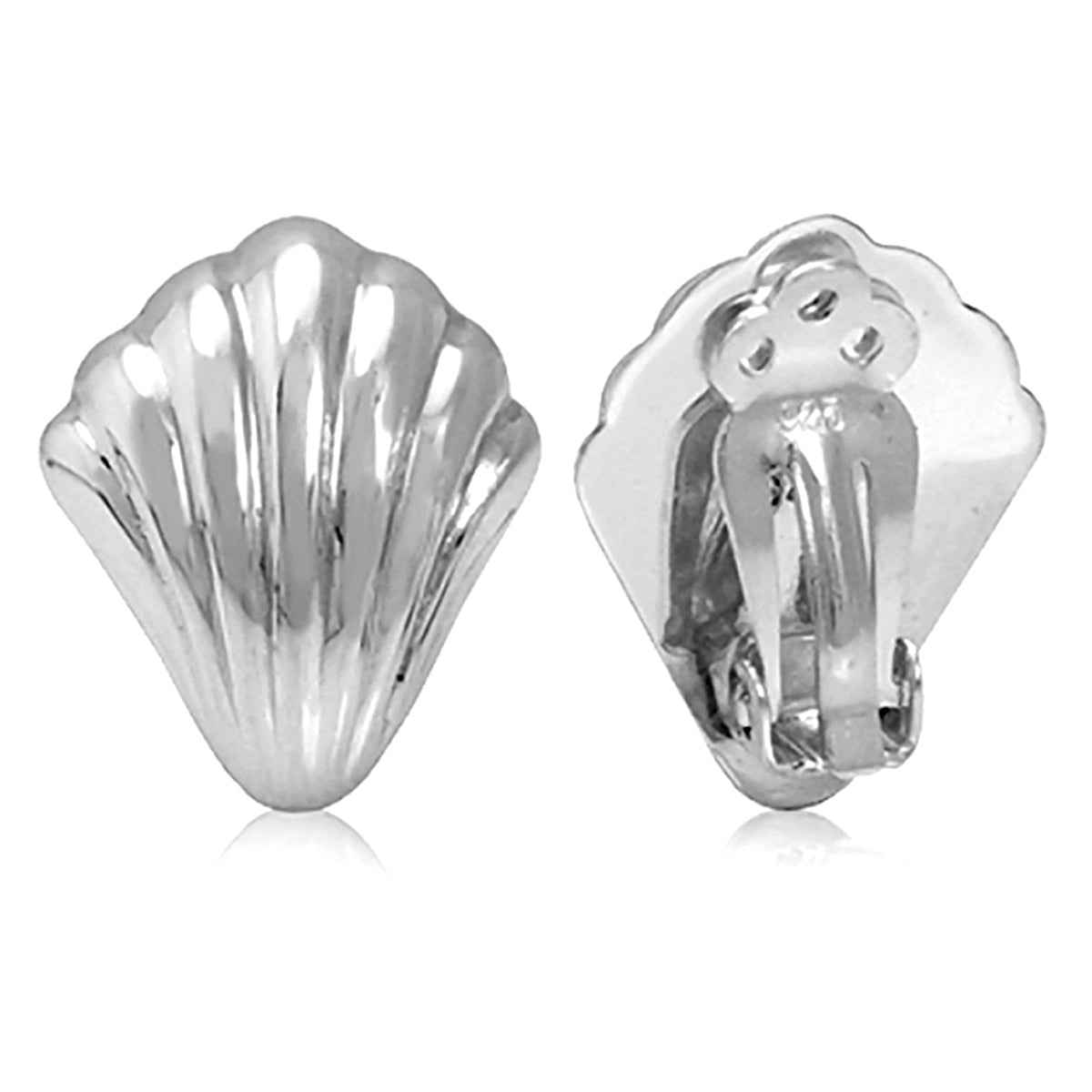 White Gold Plated 925 Sterling Silver Corrugated Shell Shape Clip on Earrings