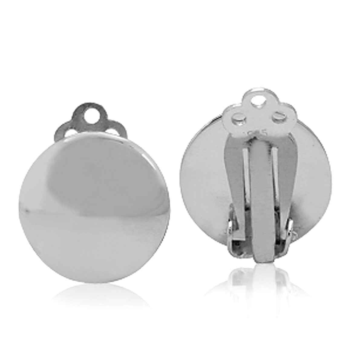 White Gold Plated 925 Sterling Silver 14mm Round Disc Shape Clip on Earrings