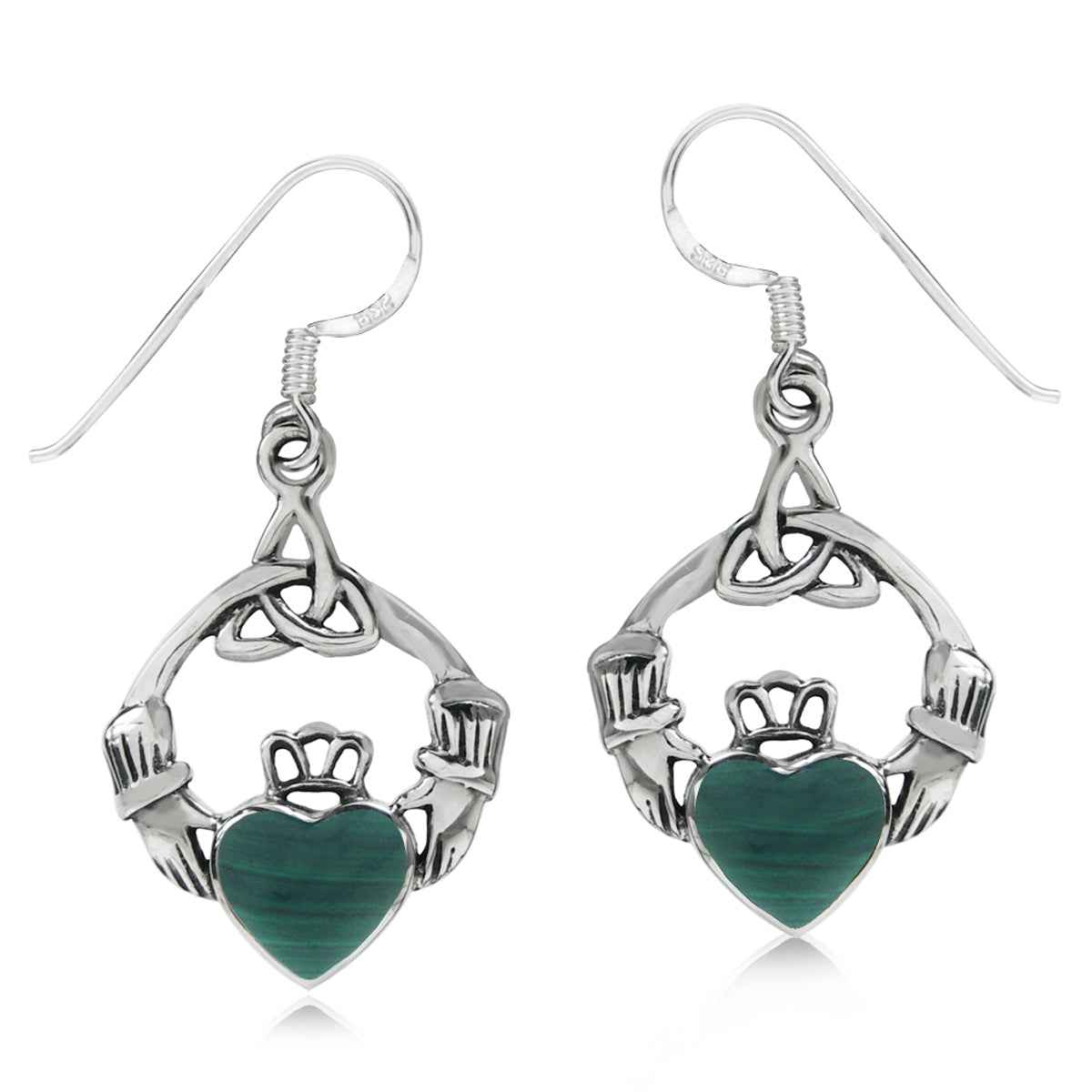 Created Malachite 925 Sterling Silver Triquetra Celtic Knot Claddagh Dangle Hook Earrings