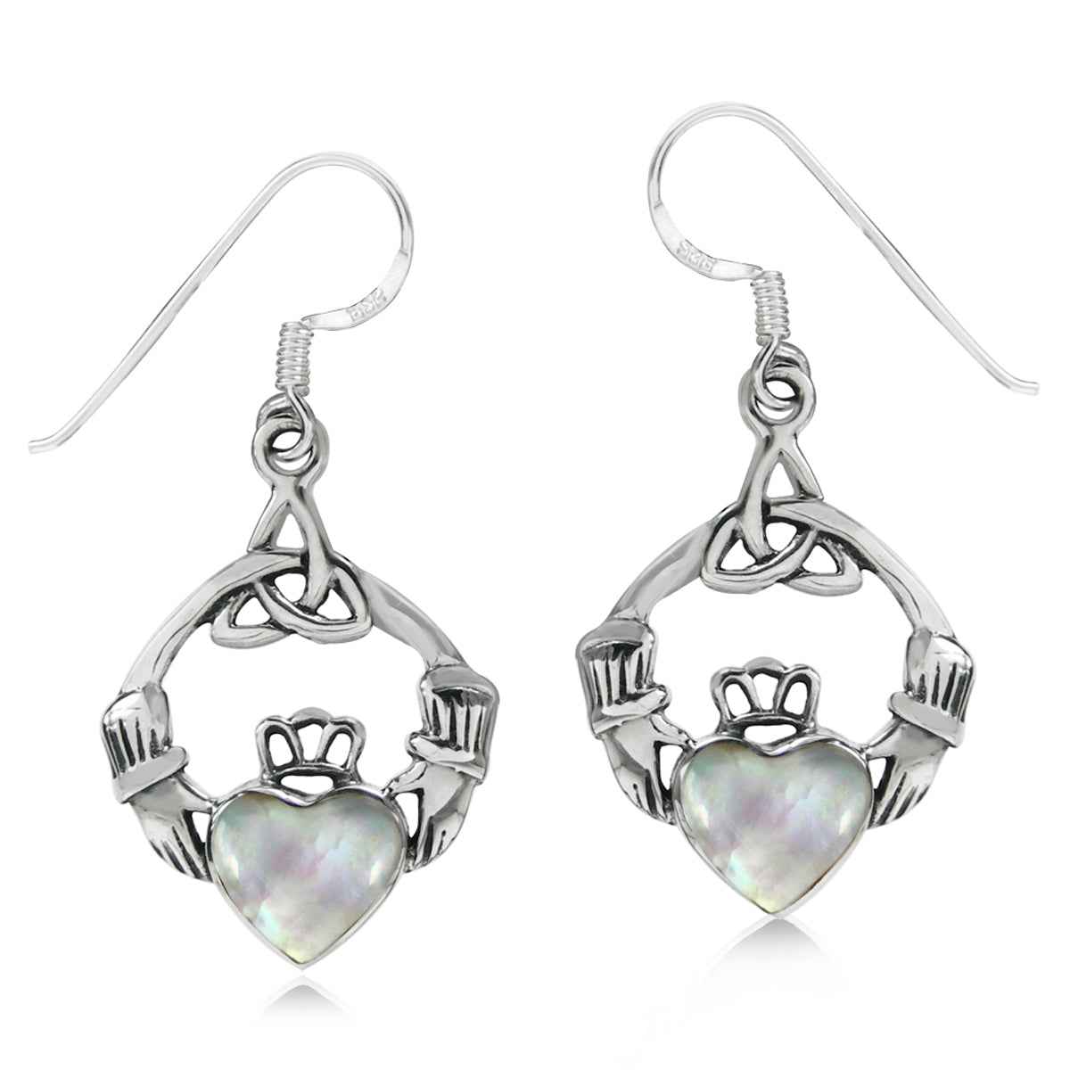 White Mother of Pearl 925 Sterling Silver Triquetra Celtic Knot Claddagh Dangle Hook Earrings