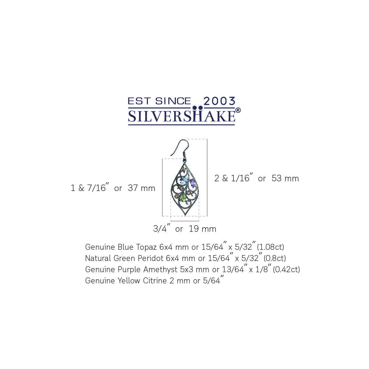 Genuine Blue Topaz Amethyst Peridot and Citrine 925 Sterling Silver Drop Dangle Hook Earrings