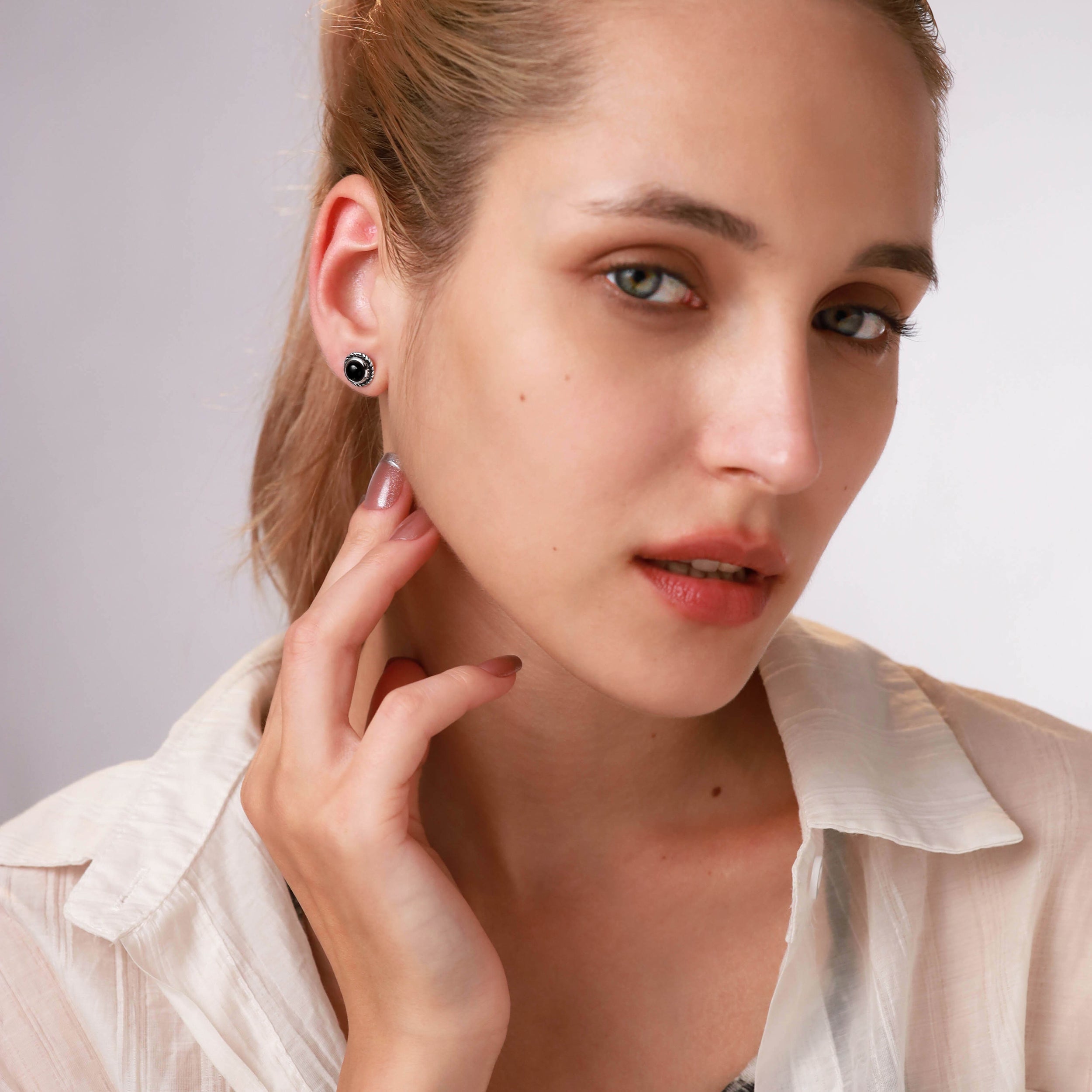 6mm Round Shape Cabochon Amethyst 925 Sterling Silver Rope Stud Earrings - Silvershake-store