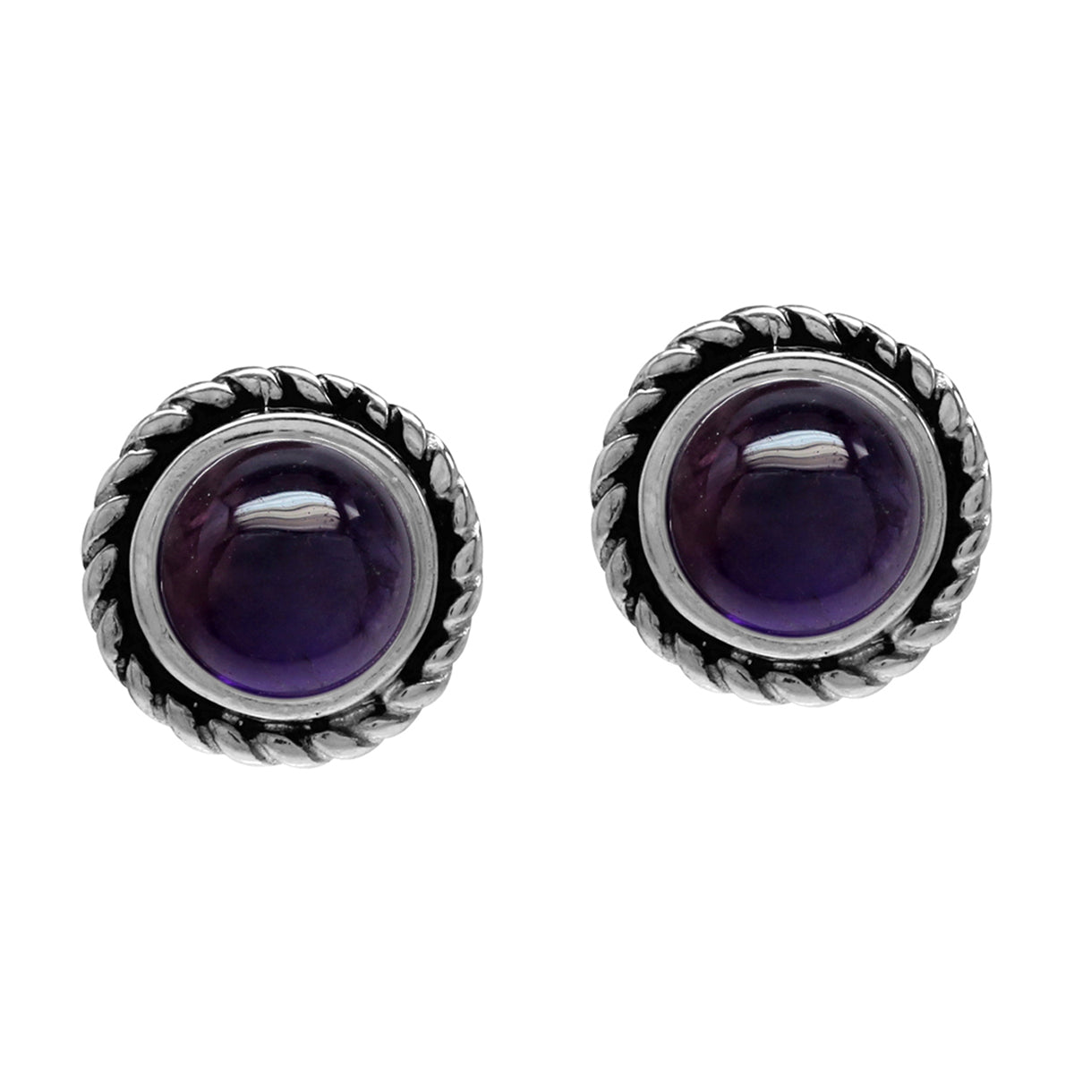 6mm Round Shape Cabochon Amethyst 925 Sterling Silver Rope Stud Earrings - Silvershake-store