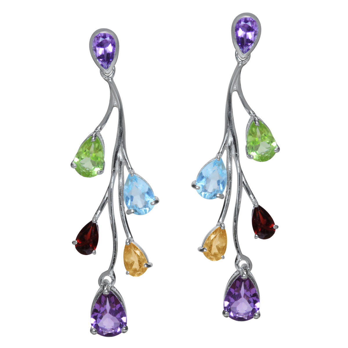 Natural Amethyst Citrine Garnet Peridot and Blue Topaz 925 Sterling Silver Post Dangle Earrings