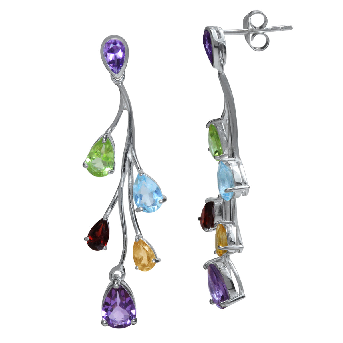 Natural Amethyst Citrine Garnet Peridot and Blue Topaz 925 Sterling Silver Post Dangle Earrings