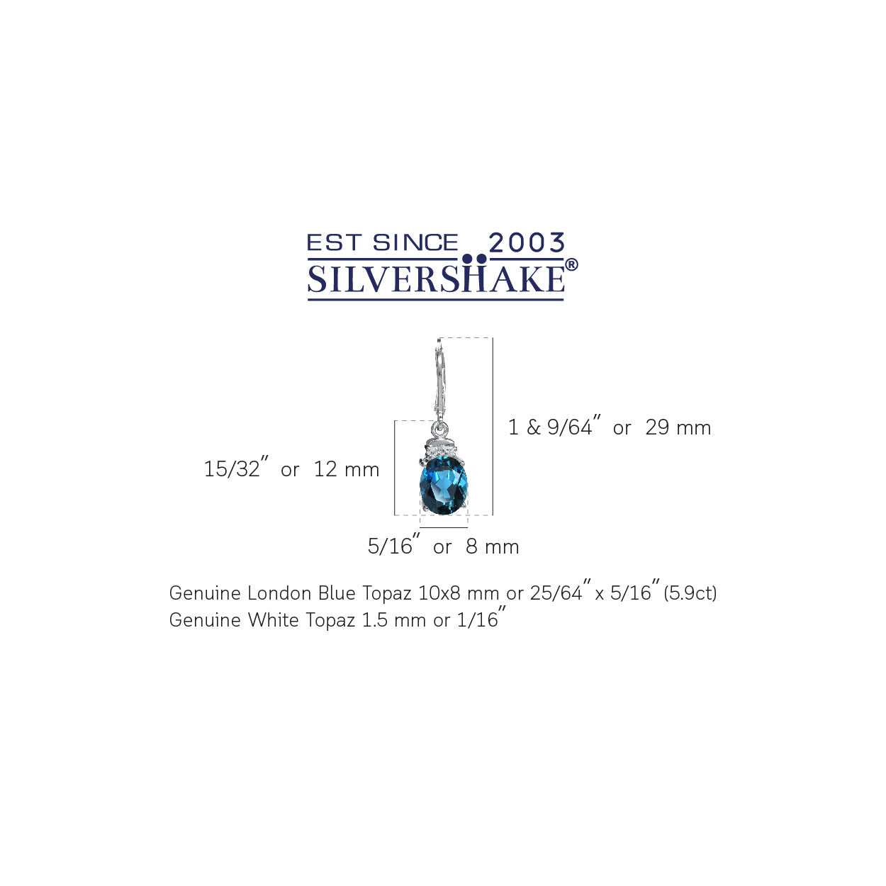 5.9ct. Genuine London Blue and White Topaz 925 Sterling Silver Leverback Dangle Earrings