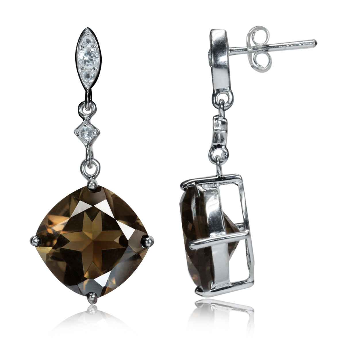 12.34ct. 12mm Cushion Natural Smoky Quartz and White Topaz 925 Sterling Silver Dangle Post Earrings