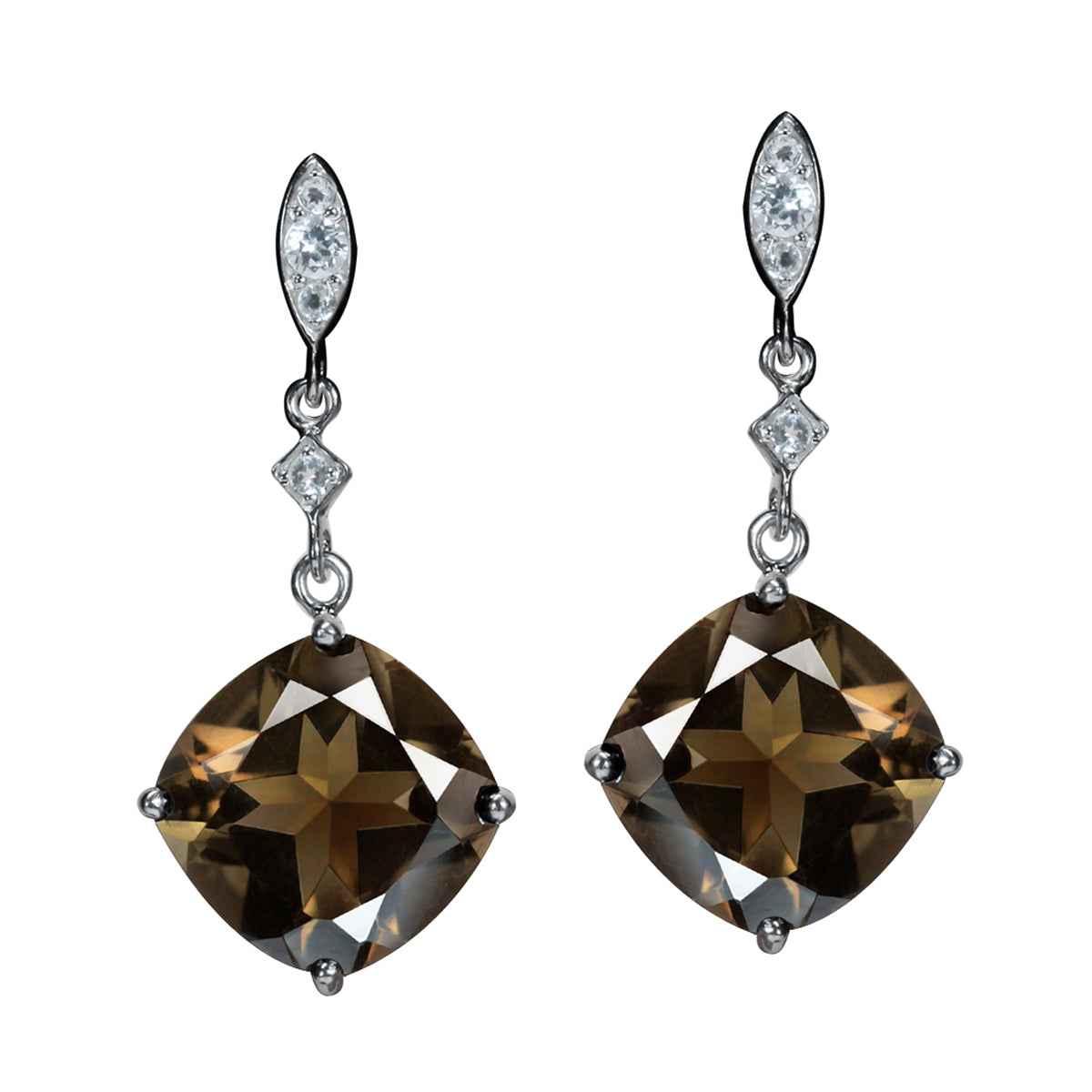 12.34ct. 12mm Cushion Natural Smoky Quartz and White Topaz 925 Sterling Silver Dangle Post Earrings