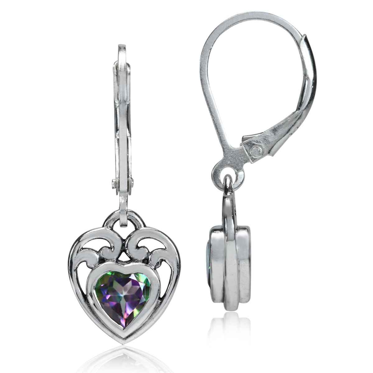 1.1ct. Heart Shape Mystic Fire Topaz 925 Sterling Silver Filigree Leverback Earrings