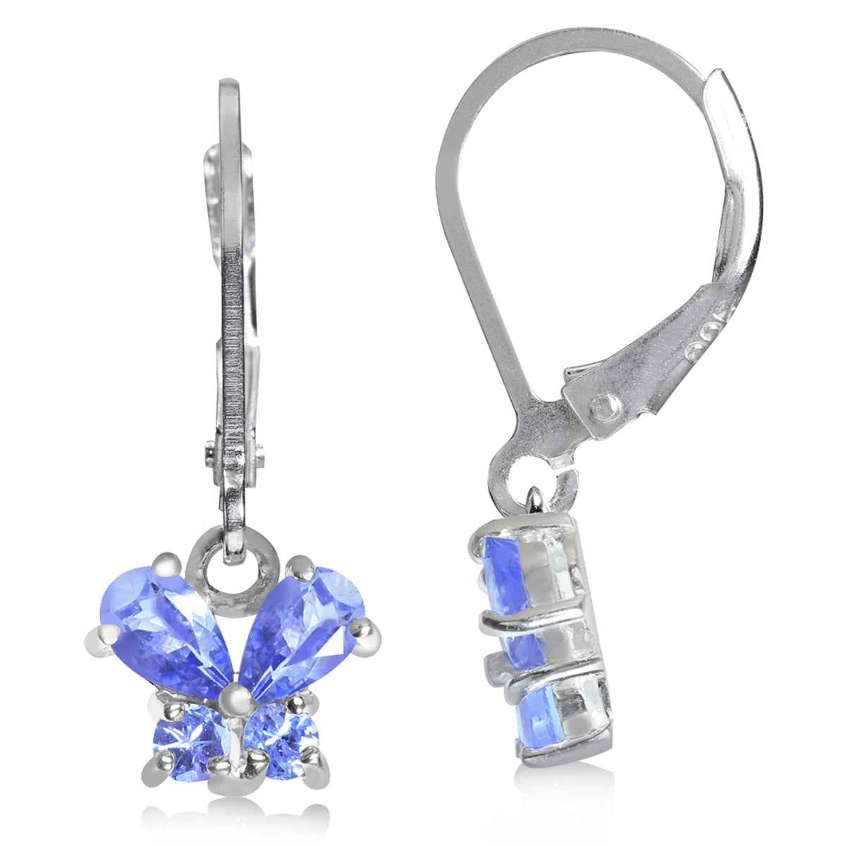 Petite Genuine Tanzanite 925 Sterling Silver Butterfly Leverback Dangle Earrings