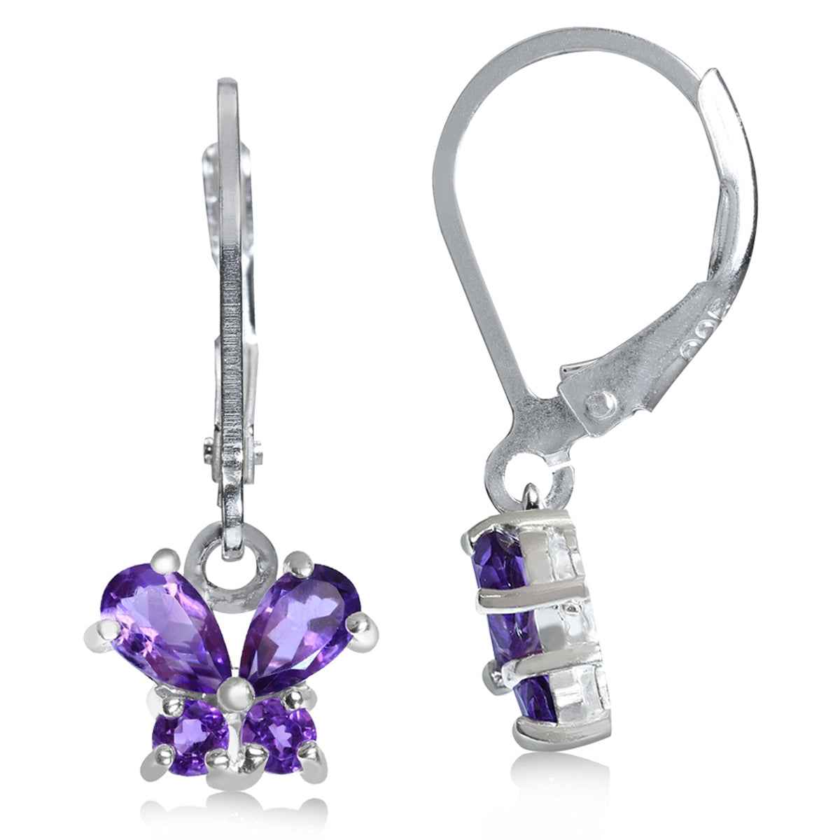 1.08ct. Petite Natural African Amethyst 925 Sterling Silver Butterfly Leverback Dangle Earrings