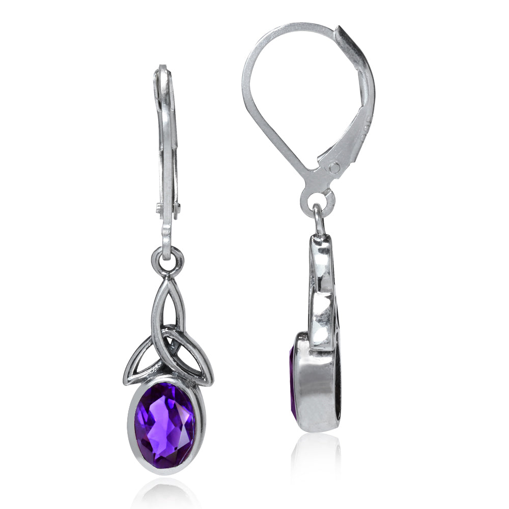 1.42ct. Natural African Amethyst 925 Sterling Silver Triquetra Celtic Knot Leverback Dangle Earrings - Silvershake-store