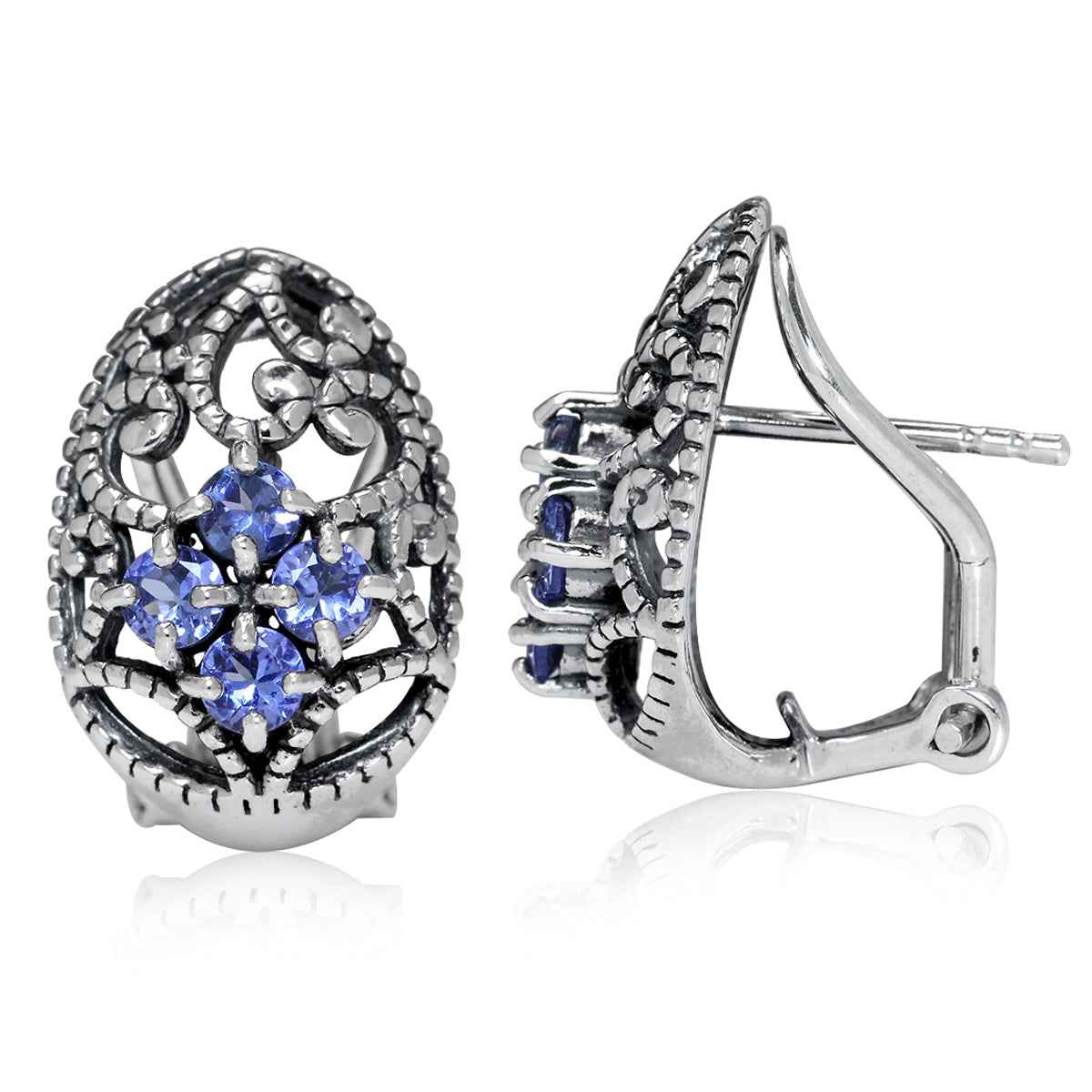 Genuine Tanzanite 925 Sterling Silver Victorian Style Omega Clip Earrings