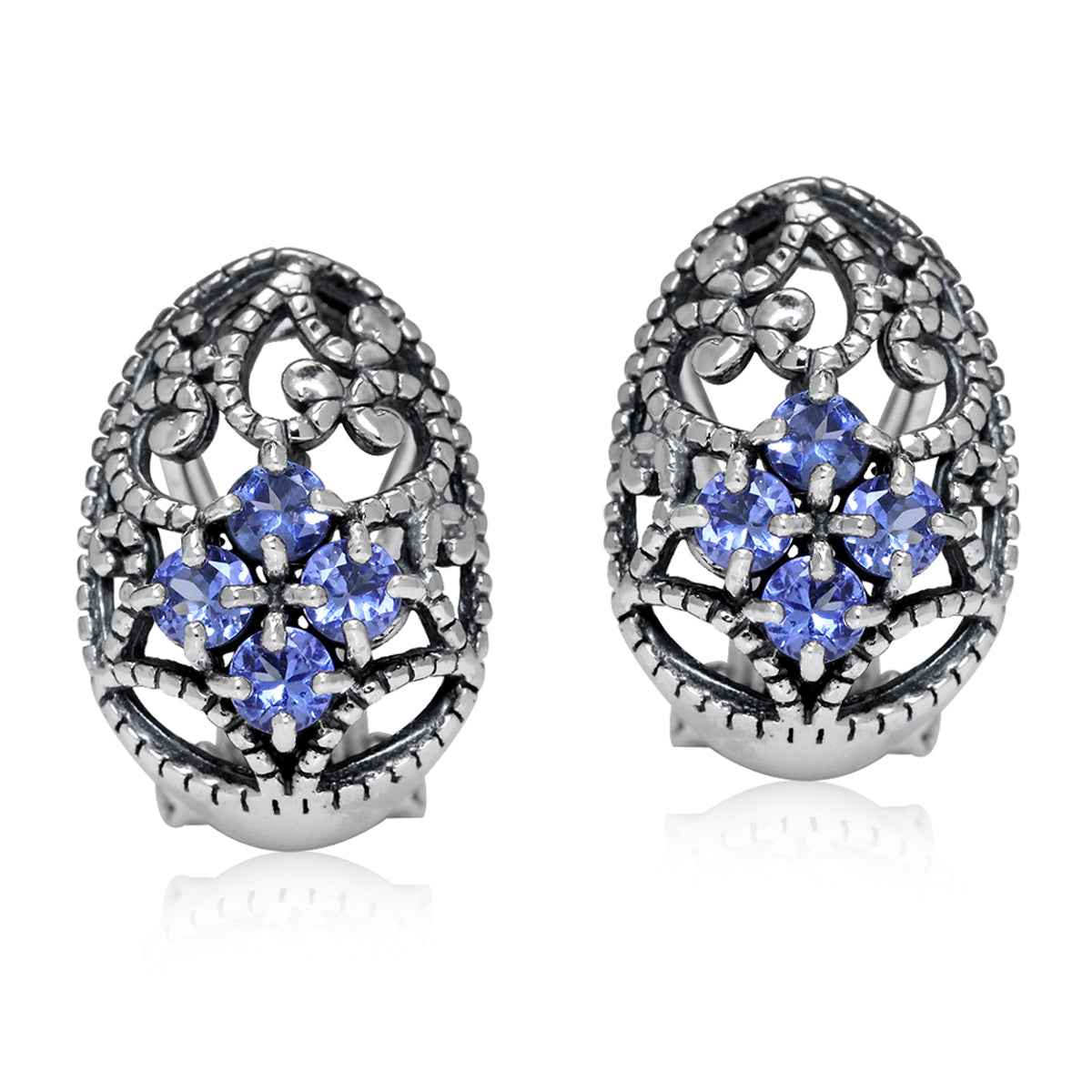 Genuine Tanzanite 925 Sterling Silver Victorian Style Omega Clip Earrings
